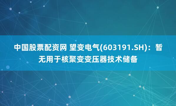 中国股票配资网 望变电气(603191.SH)：暂无用于核聚变变压器技术储备